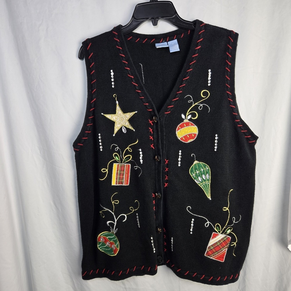 VTG Christmas Sweater Vest Womens 2X Holiday Editions Sequins Presents Ornaments